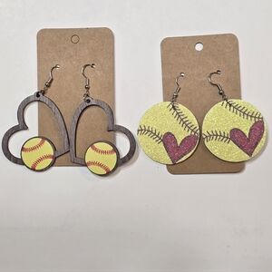 Softball Earrings Set Of 2 NEW Vinyl Wood GIFT 🎁 Sporty Athletic Fast Pitch